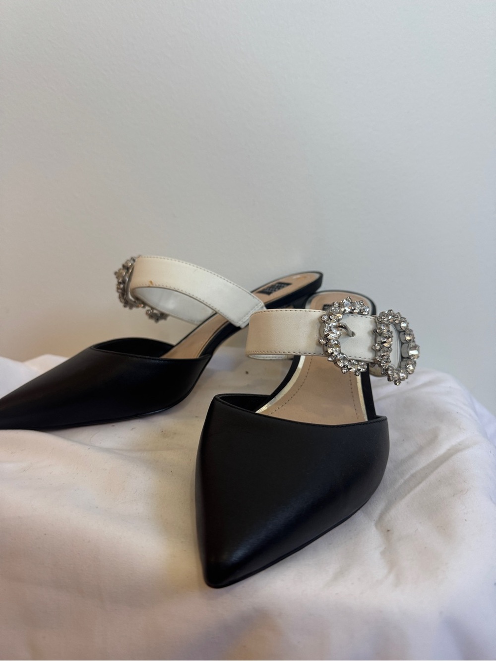 White House Black Market Crystal Buckle Mules Black White Pointed Toe -8